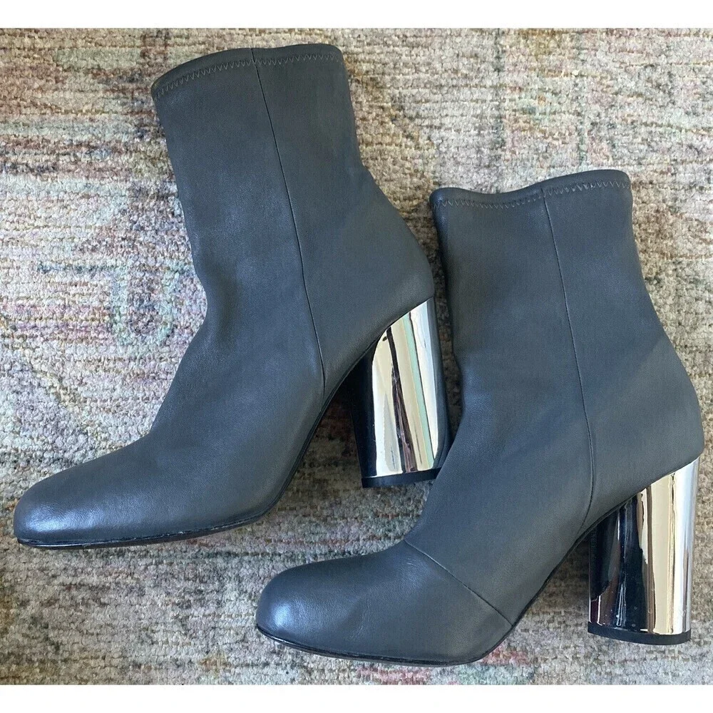 Opening Ceremony Dylan Stretch Leather Gray Ankle Boots Size 38 Chrome Heel - Picture 1 of 10